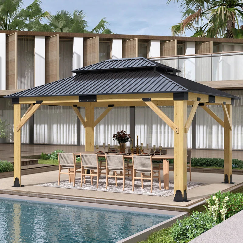 Outdoor Solid Wood Gazebo - Patio Galvanized Steel Hardtop Gazebo