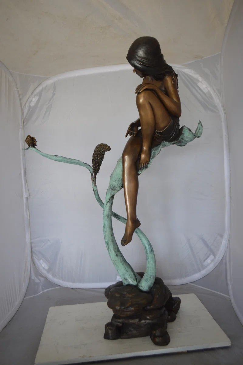Beautiful Young Girl Sitting on a Tree Bronze Statue - Zumalai 100% Handmade Art 35"L X 50"W X 55"H