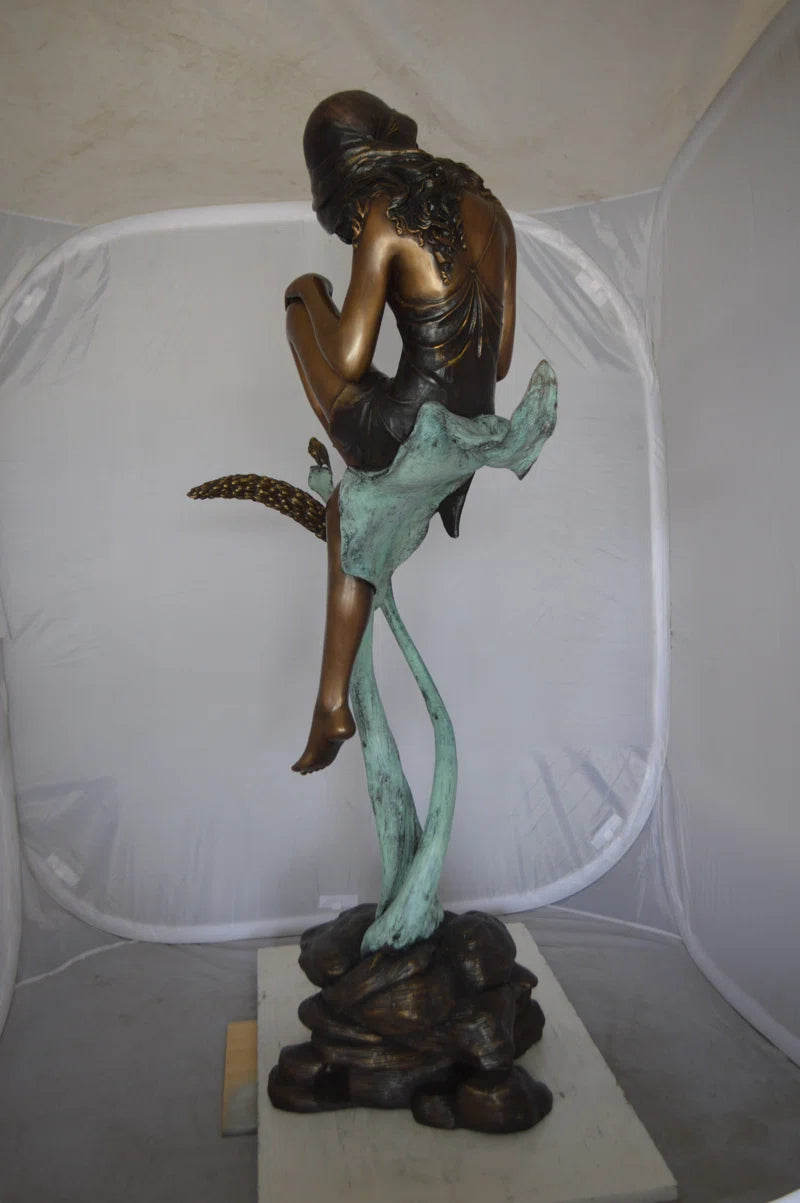 Beautiful Young Girl Sitting on a Tree Bronze Statue - Zumalai 100% Handmade Art 35"L X 50"W X 55"H