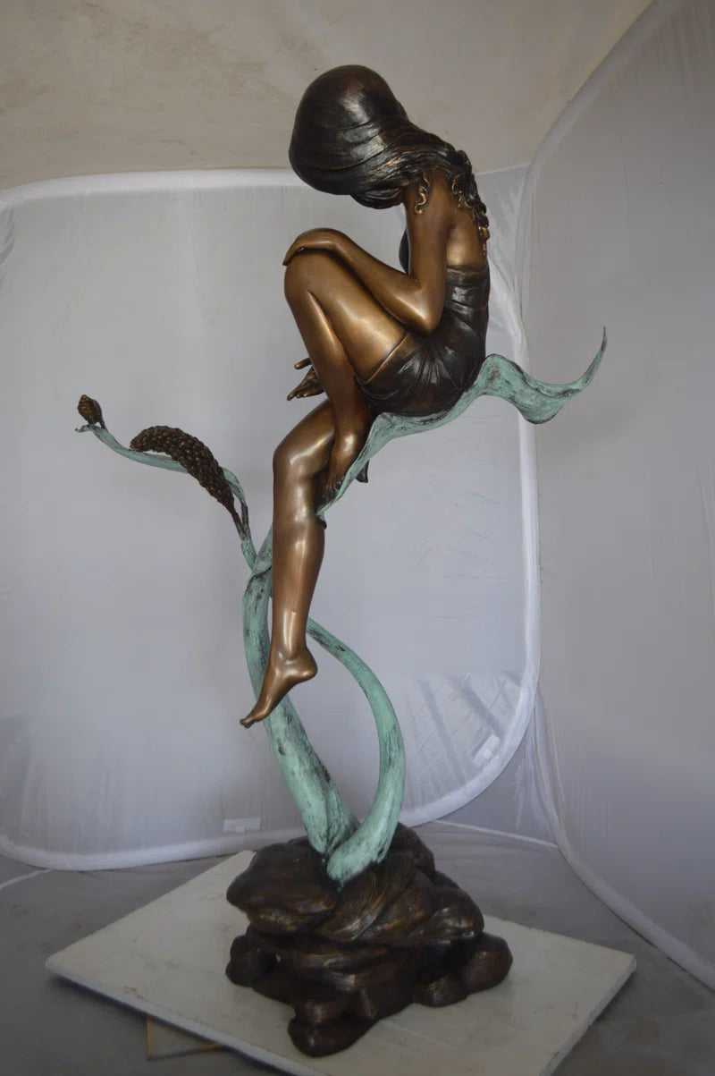 Beautiful Young Girl Sitting on a Tree Bronze Statue - Zumalai 100% Handmade Art 35"L X 50"W X 55"H