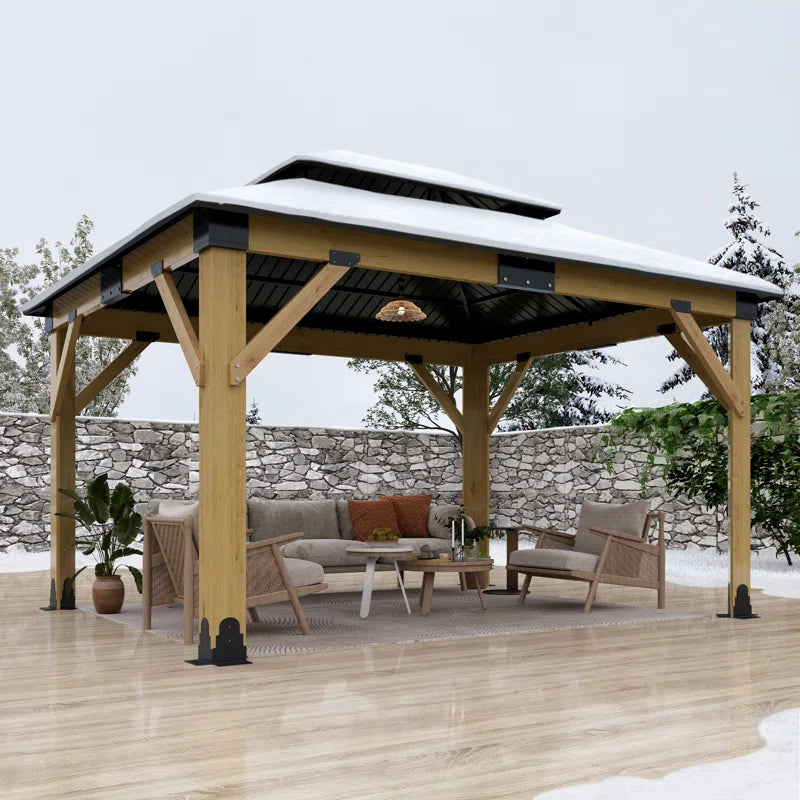 Outdoor Solid Wood Gazebo - Patio Galvanized Steel Hardtop Gazebo