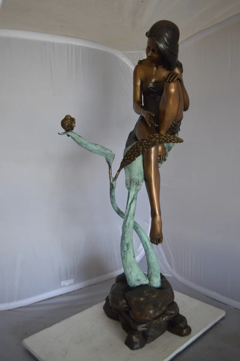 Beautiful Young Girl Sitting on a Tree Bronze Statue - Zumalai 100% Handmade Art 35"L X 50"W X 55"H
