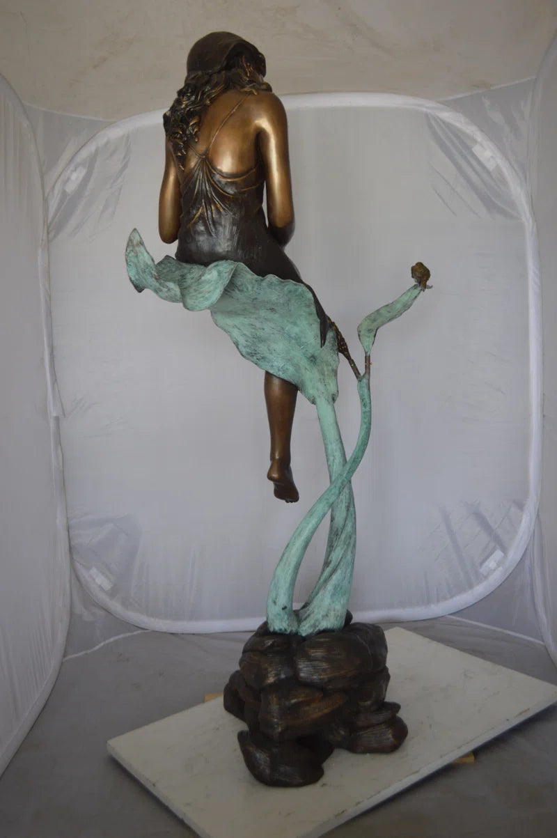 Beautiful Young Girl Sitting on a Tree Bronze Statue - Zumalai 100% Handmade Art 35"L X 50"W X 55"H