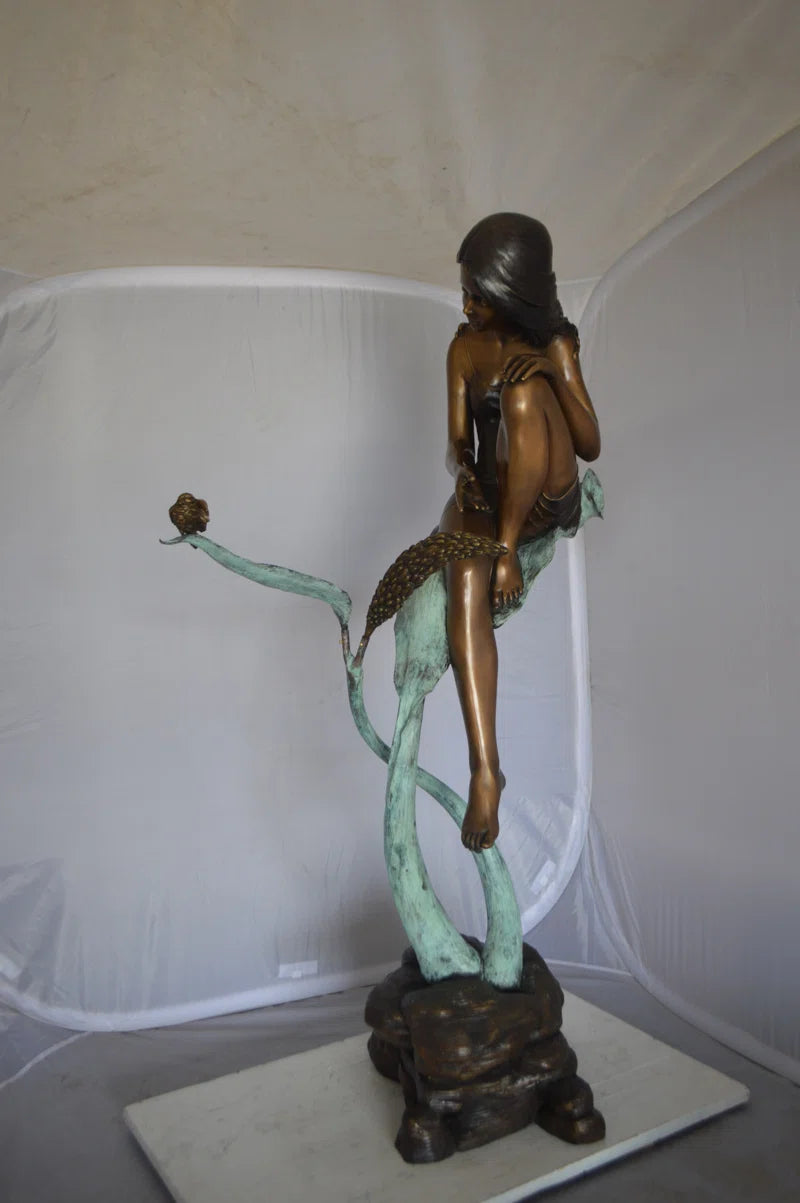 Beautiful Young Girl Sitting on a Tree Bronze Statue - Zumalai 100% Handmade Art 35"L X 50"W X 55"H