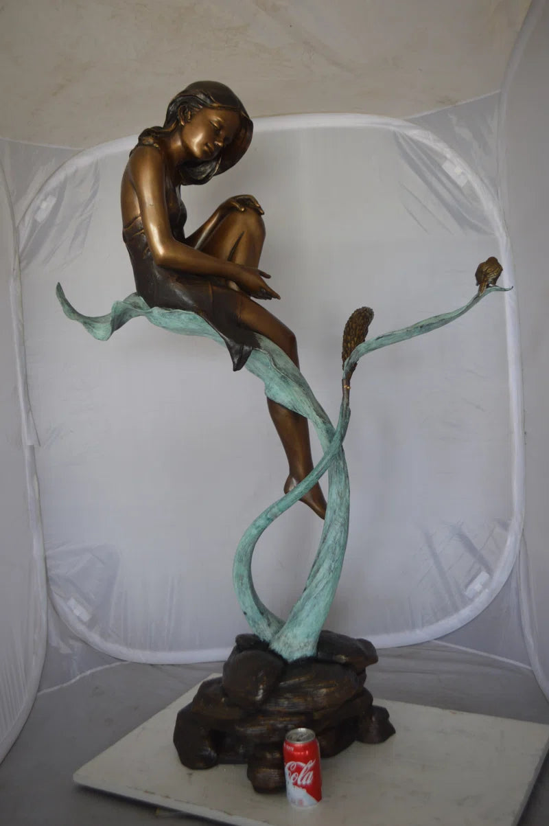 Beautiful Young Girl Sitting on a Tree Bronze Statue - Zumalai 100% Handmade Art 35"L X 50"W X 55"H