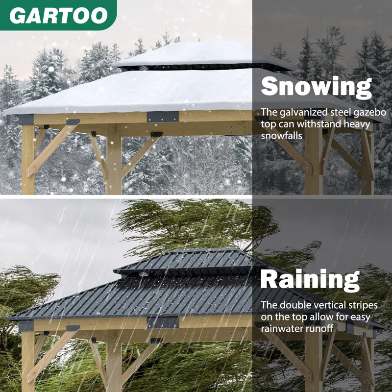 Outdoor Solid Wood Gazebo - Patio Galvanized Steel Hardtop Gazebo
