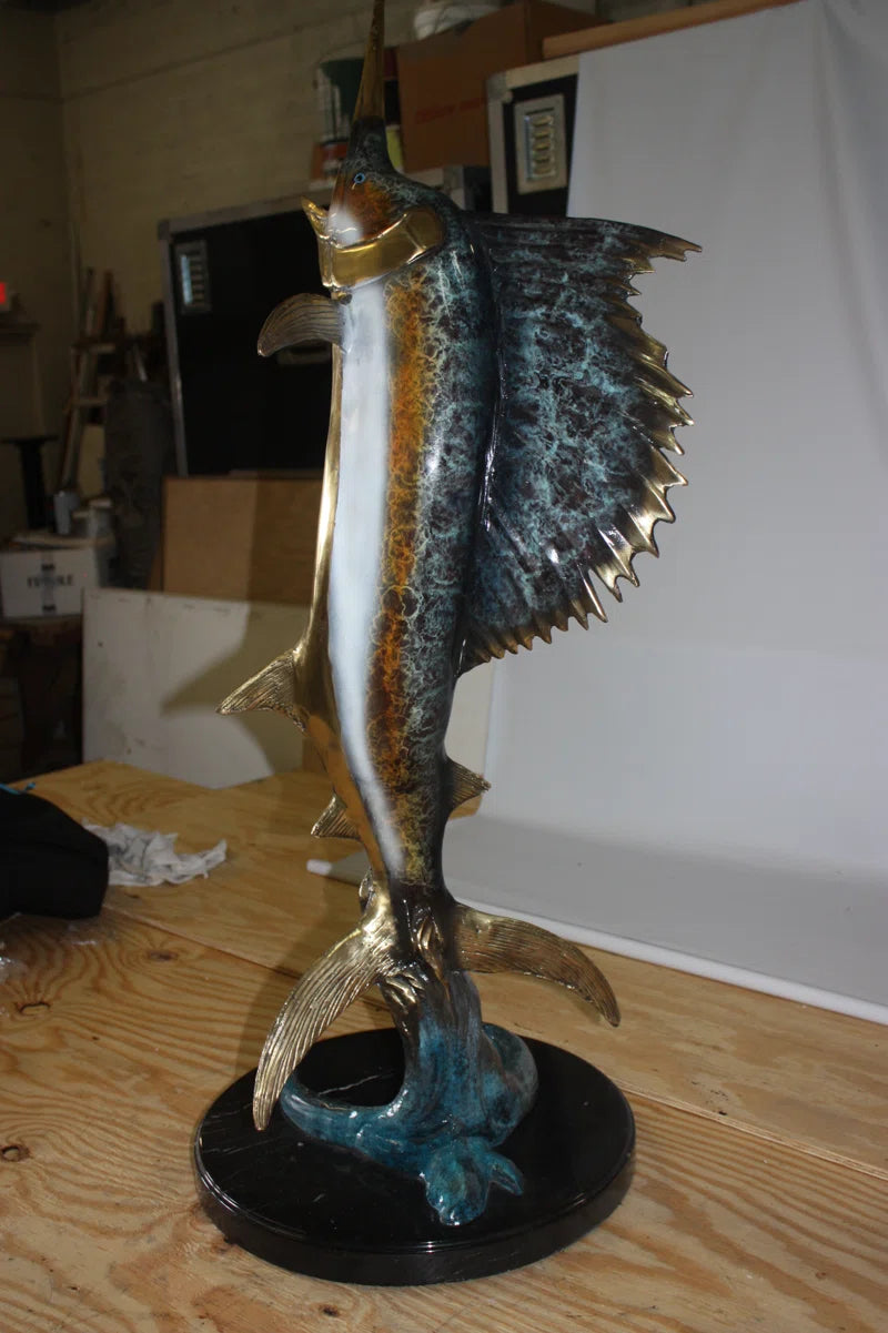 One Sailfish on Marble Bronze Statue, Briaca Modern Sculpture for Office or Home, 17"L X 17"W X 46"H