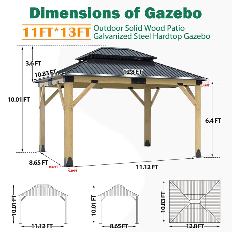 Outdoor Solid Wood Gazebo - Patio Galvanized Steel Hardtop Gazebo