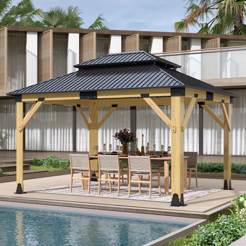 Outdoor Solid Wood Gazebo - Patio Galvanized Steel Hardtop Gazebo
