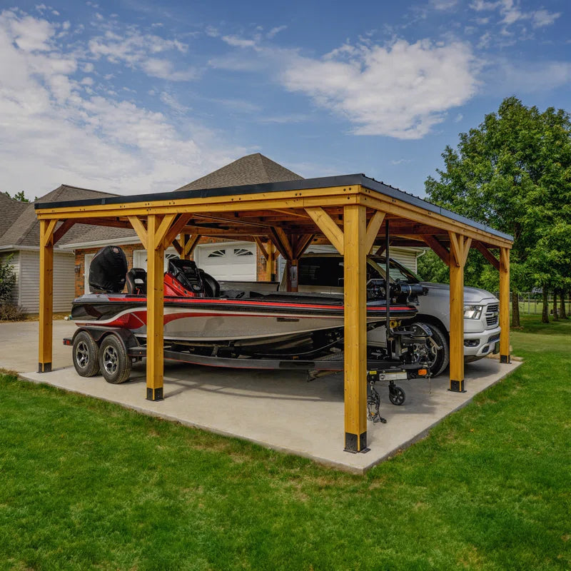 Kingsport 20' X 20' Cedar Wood Outdoor Carport with Heavy-Duty Galvanized Steel Slope Roof and Powerport