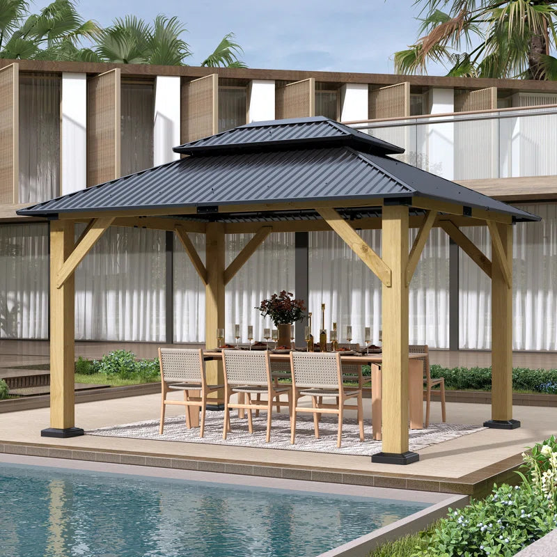 Outdoor Solid Wood Gazebo - Patio Galvanized Steel Hardtop Gazebo