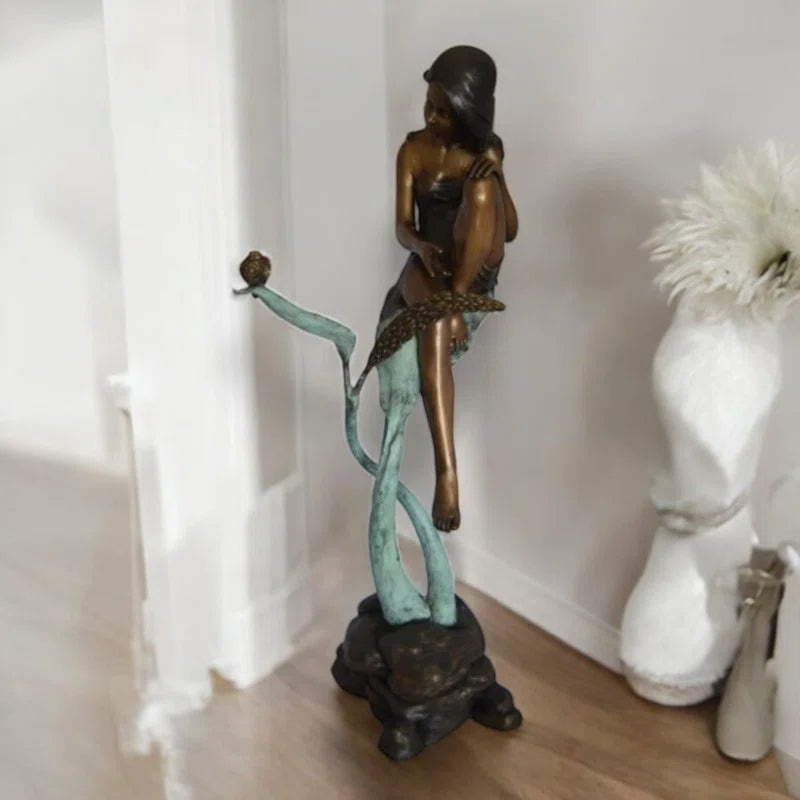 Beautiful Young Girl Sitting on a Tree Bronze Statue - Zumalai 100% Handmade Art 35"L X 50"W X 55"H