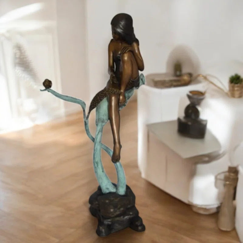 Beautiful Young Girl Sitting on a Tree Bronze Statue - Zumalai 100% Handmade Art 35"L X 50"W X 55"H