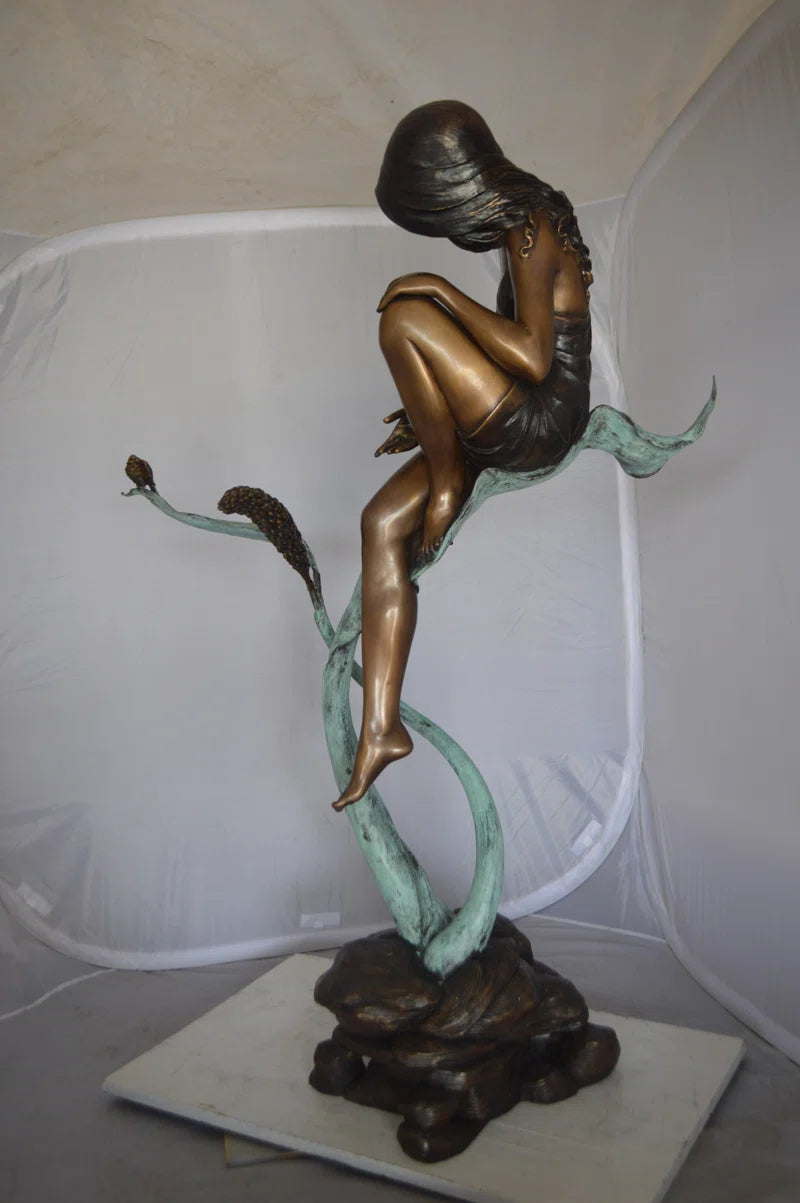 Beautiful Young Girl Sitting on a Tree Bronze Statue - Zumalai 100% Handmade Art 35"L X 50"W X 55"H