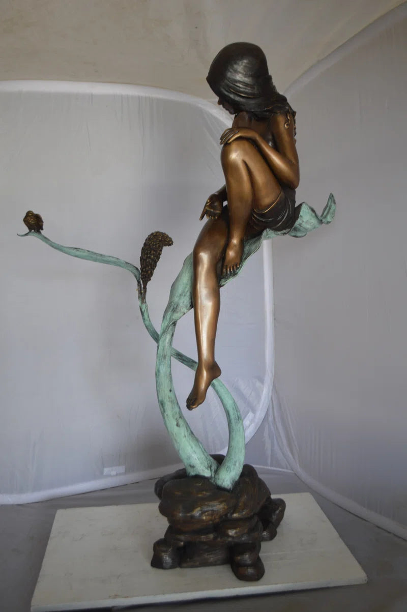 Beautiful Young Girl Sitting on a Tree Bronze Statue - Zumalai 100% Handmade Art 35"L X 50"W X 55"H