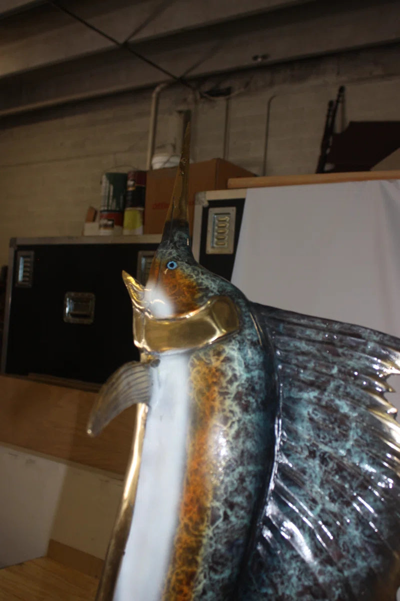 One Sailfish on Marble Bronze Statue, Briaca Modern Sculpture for Office or Home, 17"L X 17"W X 46"H