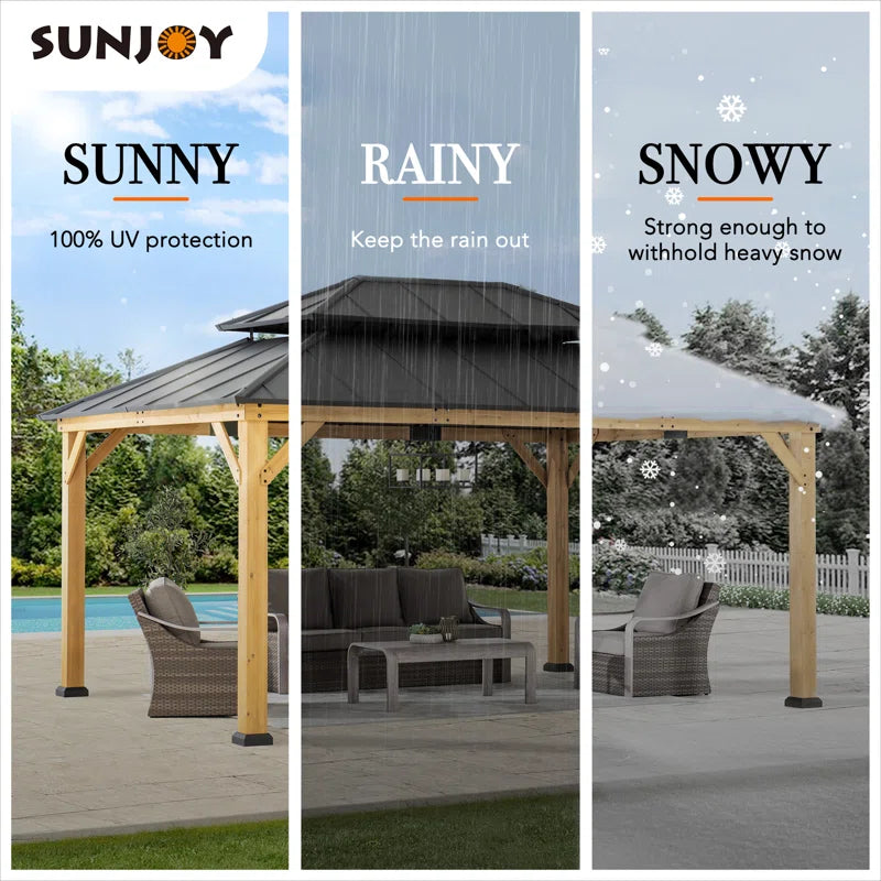 12X16 Ft. Wood Gazebo, Outdoor Patio Steel Hardtop Gazebo, Cedar Framed Wooden Gazebo with 2-Tier Metal Roof, Suitable for Patios, Lawn and Backyard