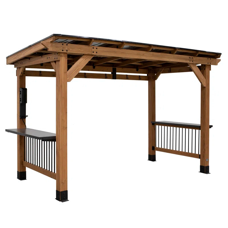 Saxony XL 12' X 6' Cedar Wood Outdoor BBQ Grill Gazebo with Hardtop Galvanized Steel Roof and Bar Tops