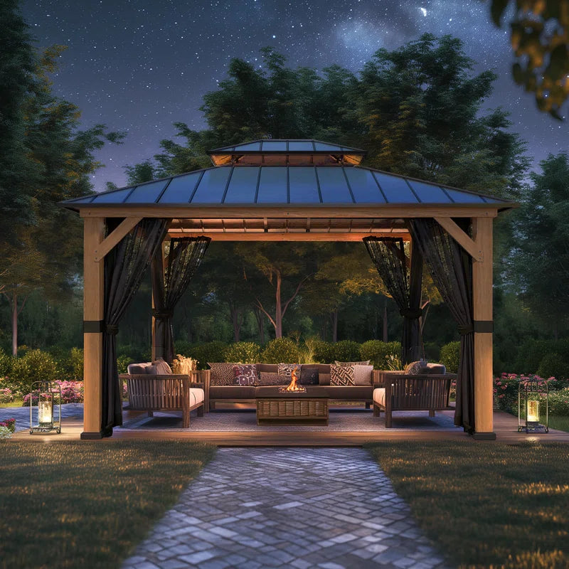 13 Ft. W X 11 Ft. D Solid Wood Outdoor Hard Top Patio Gazebo with Mosquito Netting