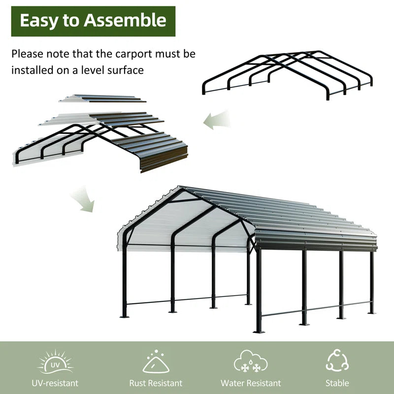 12X15 FT Heavy Duty Carport, Galvanized Steel Garbage