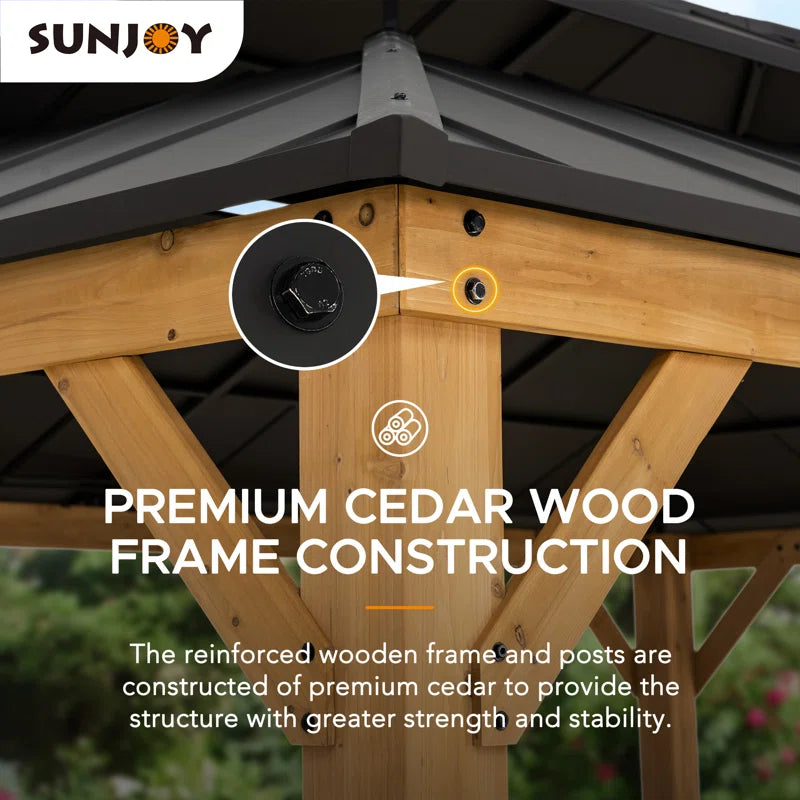 12X16 Ft. Wood Gazebo, Outdoor Patio Steel Hardtop Gazebo, Cedar Framed Wooden Gazebo with 2-Tier Metal Roof, Suitable for Patios, Lawn and Backyard