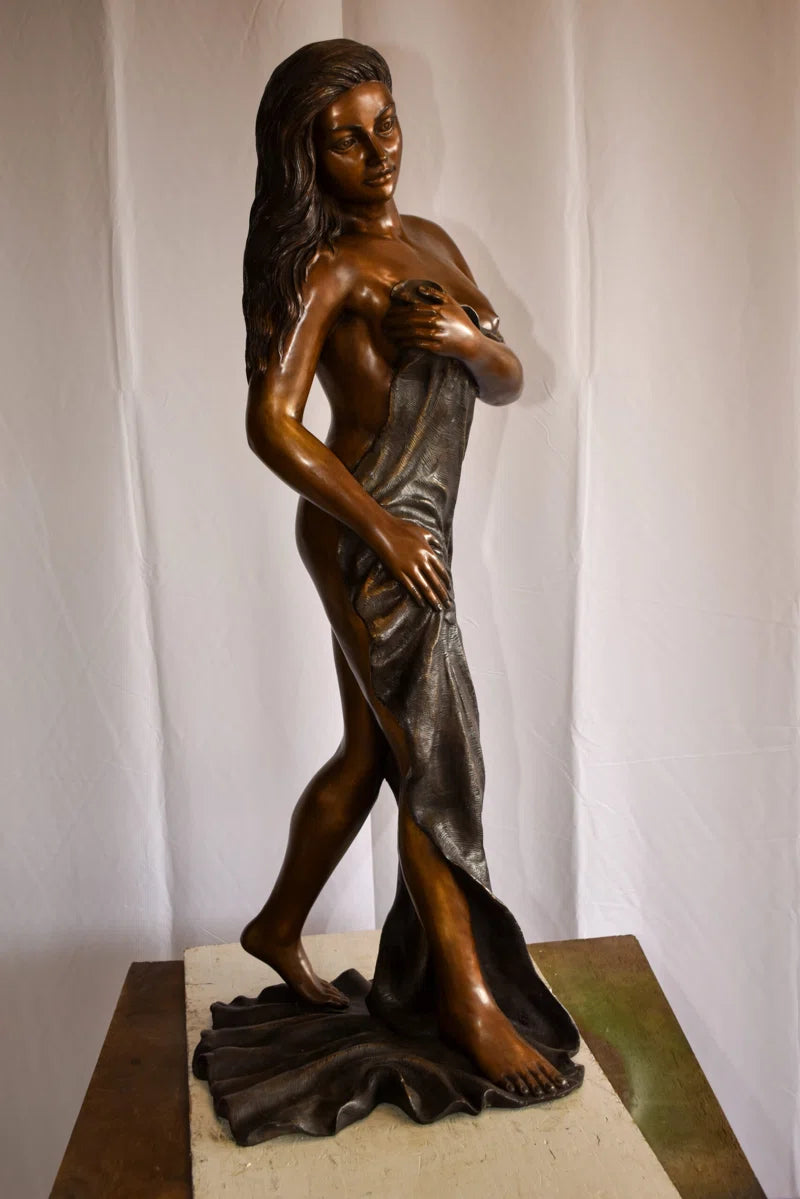 Abstract & Geometric Beautiful Women Nude Art Holding Drape Bronze Statue 22" X 18" X 49"H