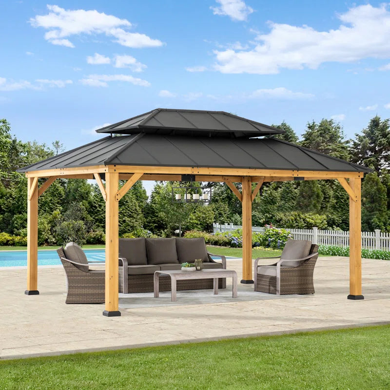 12X16 Ft. Wood Gazebo, Outdoor Patio Steel Hardtop Gazebo, Cedar Framed Wooden Gazebo with 2-Tier Metal Roof, Suitable for Patios, Lawn and Backyard
