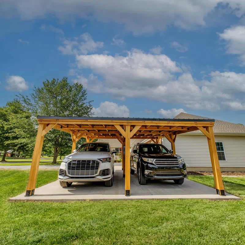 Kingsport 20' X 20' Cedar Wood Outdoor Carport with Heavy-Duty Galvanized Steel Slope Roof and Powerport