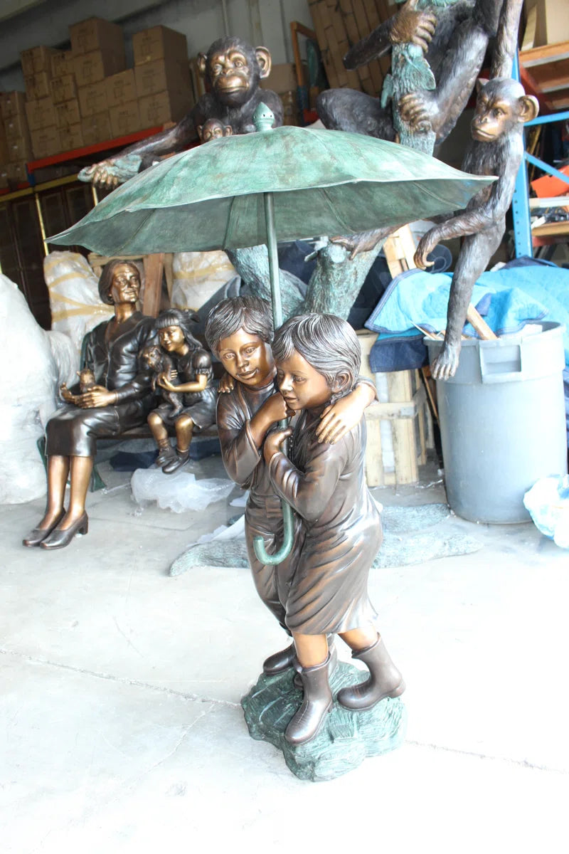 Two Kids Holding an Umbrella Bronze Statue Fountain - Amadeus Vintage Sculpture, 90''HX 34''W X34''D