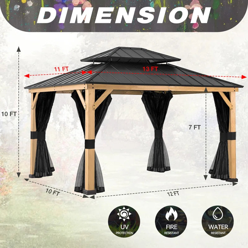 13 Ft. W X 11 Ft. D Solid Wood Outdoor Hard Top Patio Gazebo with Mosquito Netting
