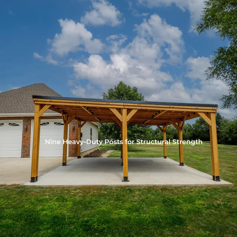 Kingsport 20' X 20' Cedar Wood Outdoor Carport with Heavy-Duty Galvanized Steel Slope Roof and Powerport