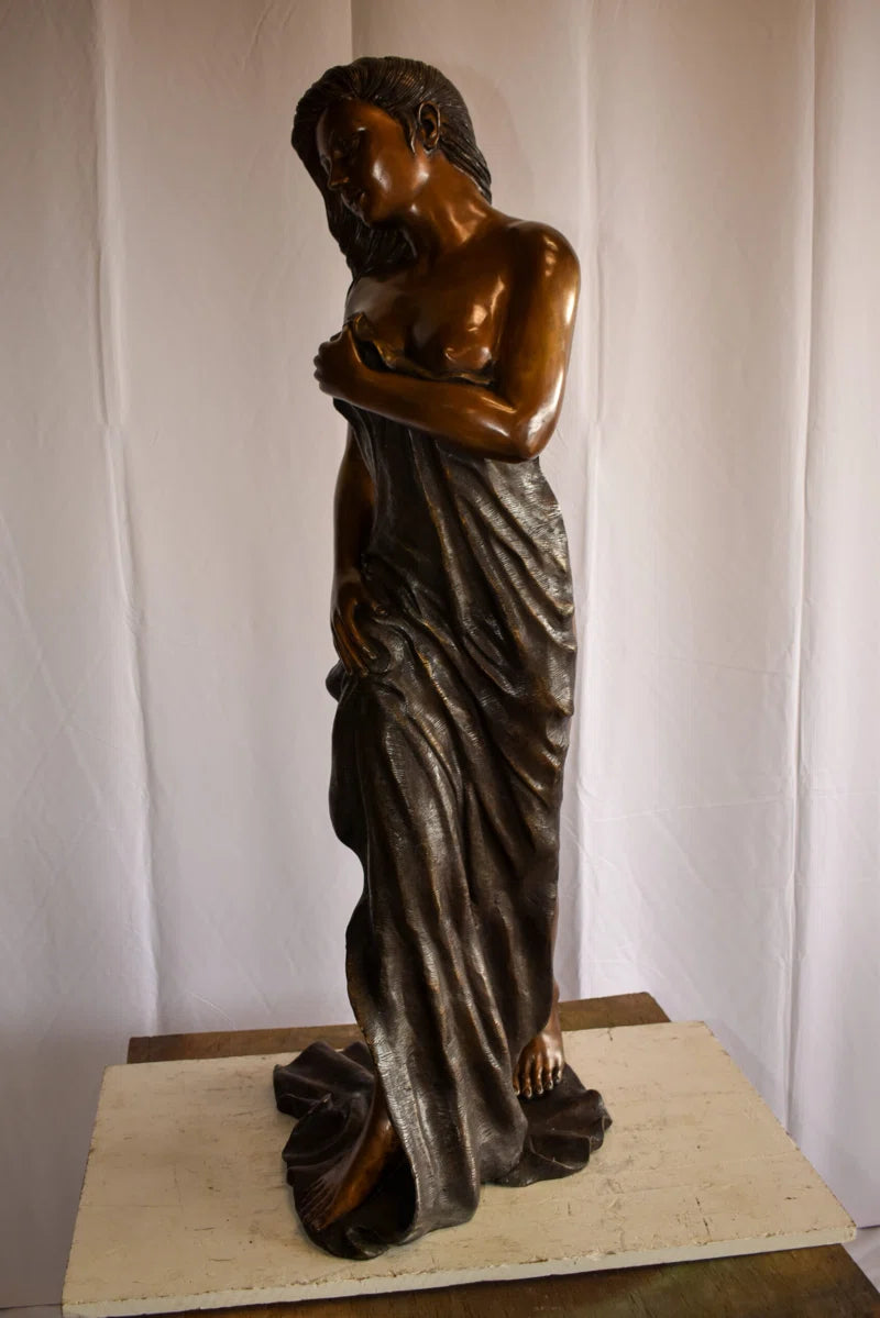 Abstract & Geometric Beautiful Women Nude Art Holding Drape Bronze Statue 22" X 18" X 49"H