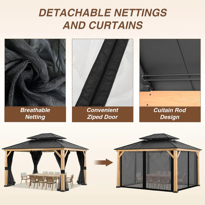 13 Ft. W X 11 Ft. D Solid Wood Outdoor Hard Top Patio Gazebo with Mosquito Netting