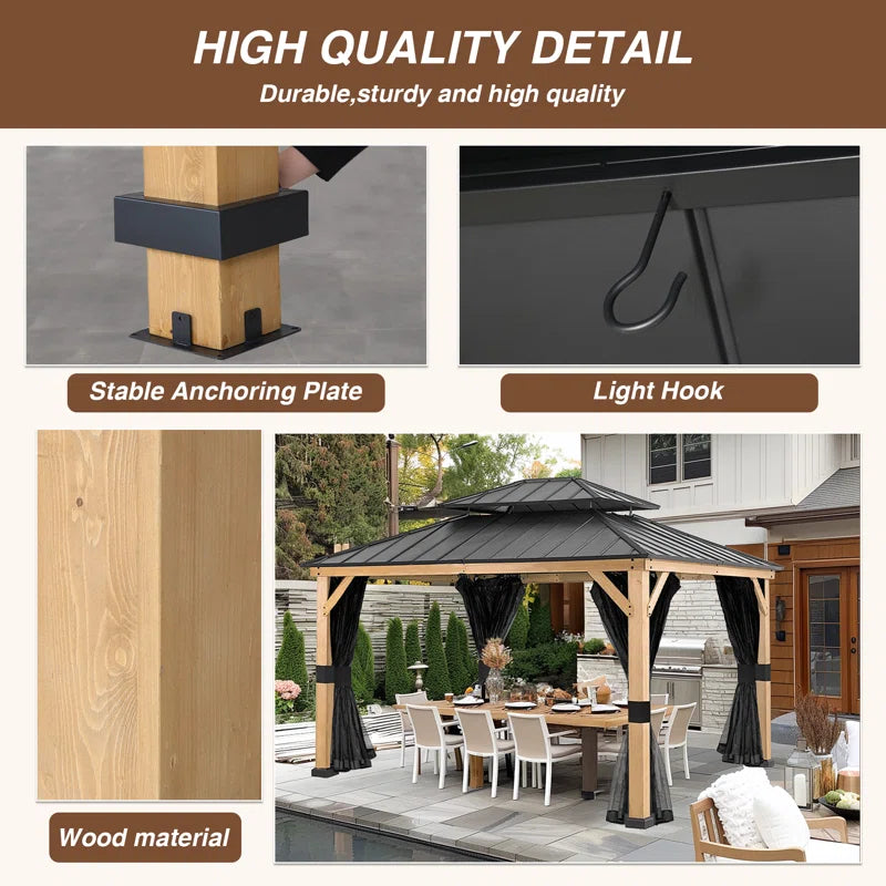 13 Ft. W X 11 Ft. D Solid Wood Outdoor Hard Top Patio Gazebo with Mosquito Netting