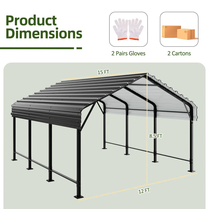 12X15 FT Heavy Duty Carport, Galvanized Steel Garbage