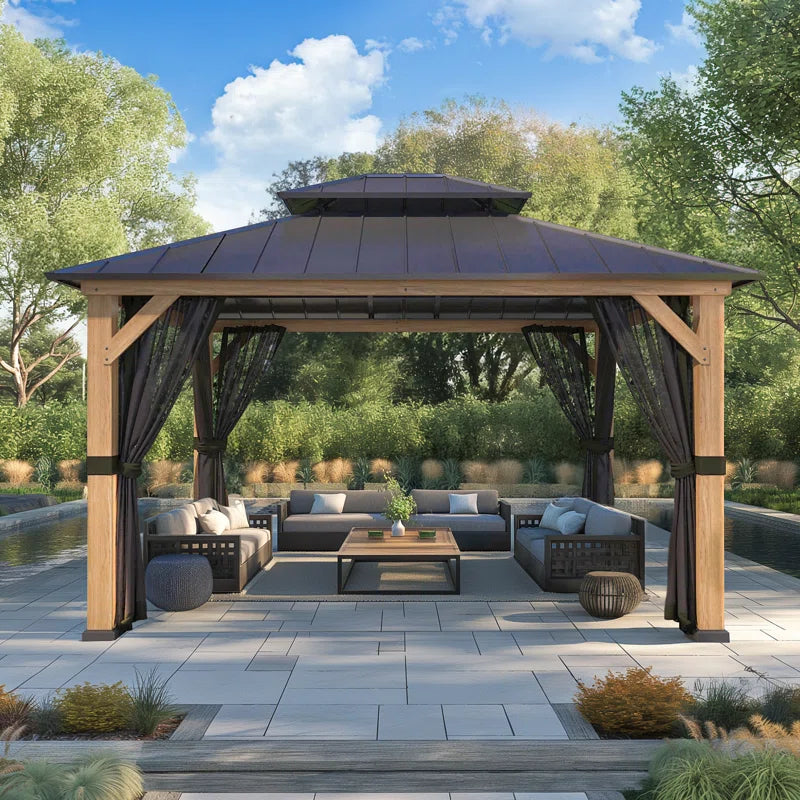 13 Ft. W X 11 Ft. D Solid Wood Outdoor Hard Top Patio Gazebo with Mosquito Netting